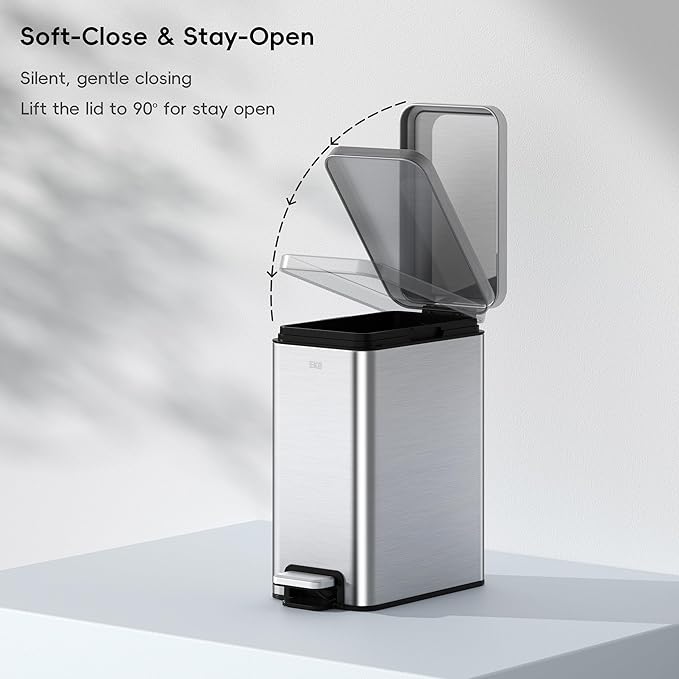 EKO Small Bathroom Trash Can with Lid Soft Close Step Pedal 10 Liter / 2.6 Gallon Stainless Steel Garbage Can with Removable Inner Bucket Anti-Fingerprint Finish (Silver)