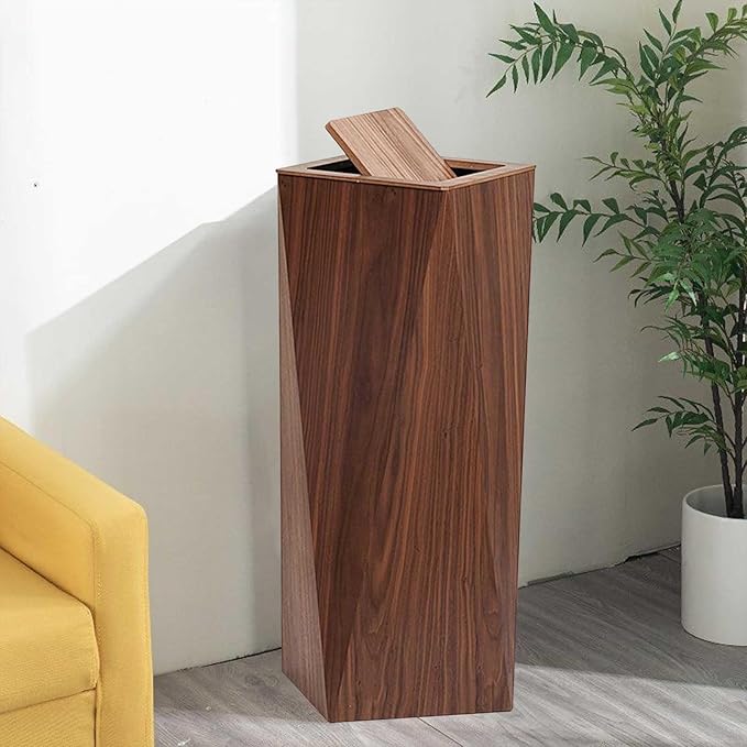 Drsyffsup Walnut Wood Narrow Garbage Bin | Office Trash Cans for Near Desk | Durable Diamond Shaped Trash Can | Rubbish Container Paper Basket Garbage Cans with Lids | Bathroom Bedroom Wastebasket