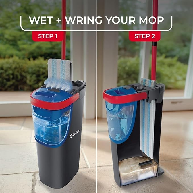 O-Cedar H2prO Flat Mop System with 2 Mop Head Refills | Quick Cleaning Tool | Clean with Clean Water | Machine Washable Reusable Microfiber Mop Pad | Safe on Wood Floors VinylTile Baseboards Walls