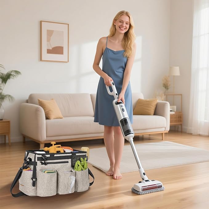 Wearable Cleaning Caddy Bag for Cleaning SuppliesLarge Capacity Cleaning Organizer White
