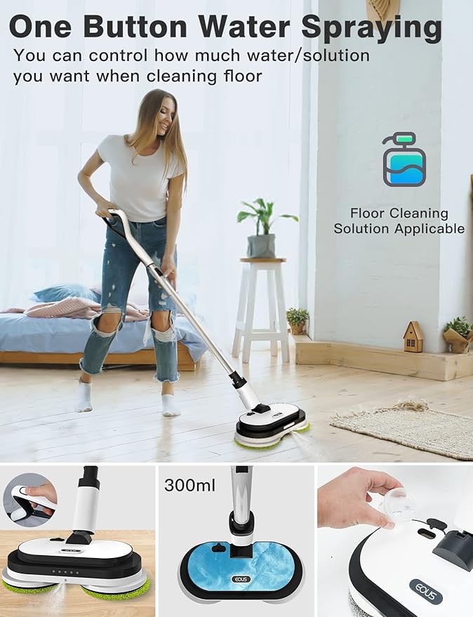 Cordless Electric Mop Floor Cleaner with LED Headlight &amp Water Sprayer Up to 60 Mins Detachable Battery Dual-Motor Powerful Spin Mop 300ML Water Tank for Multi-Surface Self-Propelled
