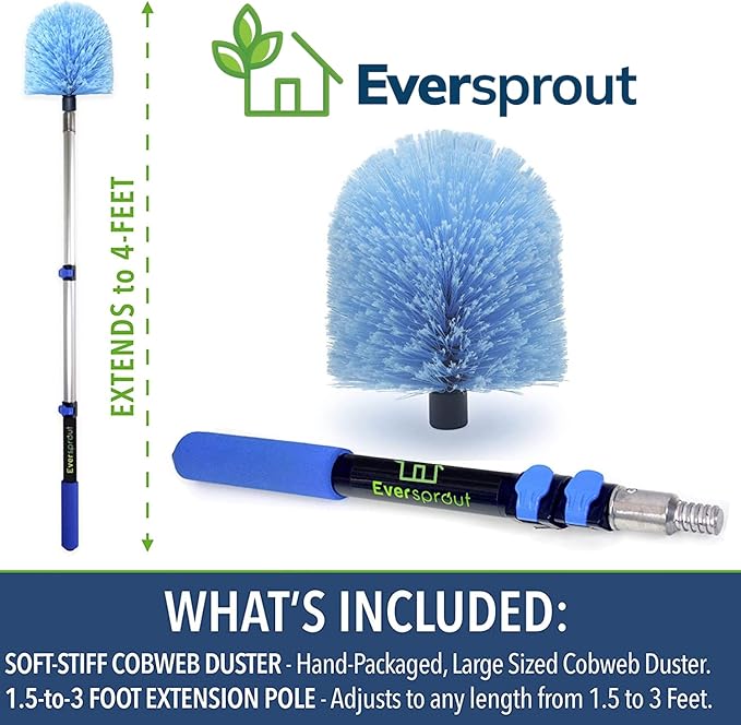 EVERSPROUT 1.5-to-3 Foot Cobweb Duster and Extension-Pole Combo (8-10 Ft Standing Reach Soft Bristles) | Hand Packaged | Lightweight 3-Stage Aluminum Pole | Indoor &amp Outdoor Use Brush Attachment