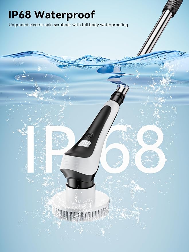 Electric Spin ScrubberCordless Cleaning Brush with Power Display ScreenIP68 Waterproof Shower Cleaning Brush with 8 Replaceable Brush HeadsAdjustable &amp Detachable Handle and 2 Adjustable Speeds