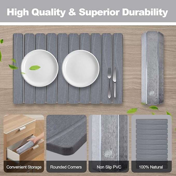 Stone Drying Mat for Kitchen Counter 24x16 Large Diatomaceous Earth Stone Dish Drying Mat Fast Absorbing Foldable Quick Dry Stone Sink Mat for Dishes Pans &amp Kitchen Utensils (Gray)