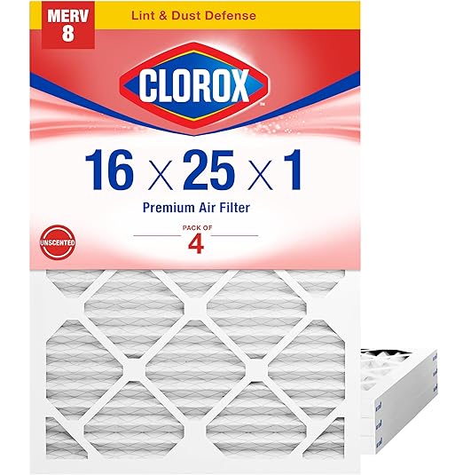 Clorox 16x25x1 Air Filter MERV 8 Pleated HVAC AC Furnace Air Filters for Lint Dust and Pollen MPR 600 &amp FPR 5 – Pack of 4