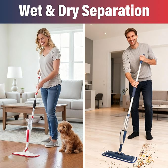 2 Pack Spray Mop for Floor Cleaning Red &amp Blue Combo Refillable 14 oz Bottle and 3 Washable Pads Wet Dry Mop for Hardwood Tile Laminate Home or Commercial Use