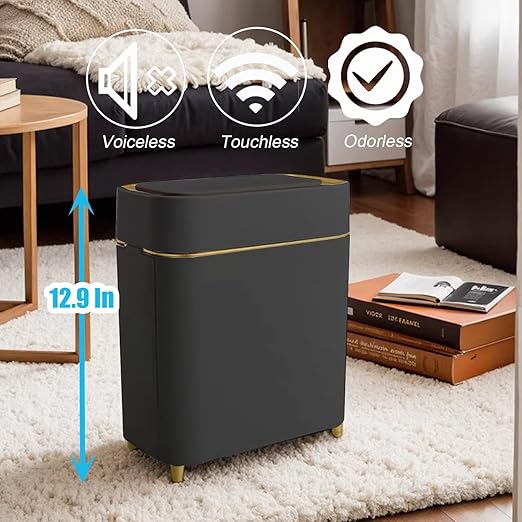 Yatmung 2-Pack - Automatic Trash Cans Touchless Motion Sensor Bathroom Trash Can - Waste Basket for Bedroom Home Offices Small Spaces - Compact Smart Garbage Can with Lid - Black with Gold Edge