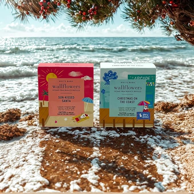 Bath &amp Body Works Wallflowers Refills Christmas Scents 4-Bulb Bundle – Holiday Tropical &amp Coastal Collection – Limited Edition Gift Set with a Blue Bow(Sun-Kissed Santa + Christmas on The Coas