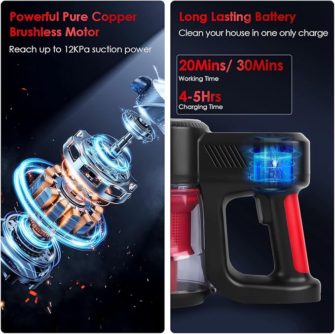 Cordless Vacuum Cleaner 12Kpa Stick Vacuum Cleaners Cordless with LED Floor Lights Powerful Suction Lightweight Handheld Vacuum Cleaners for Carpet Hard Floor Pet Hair
