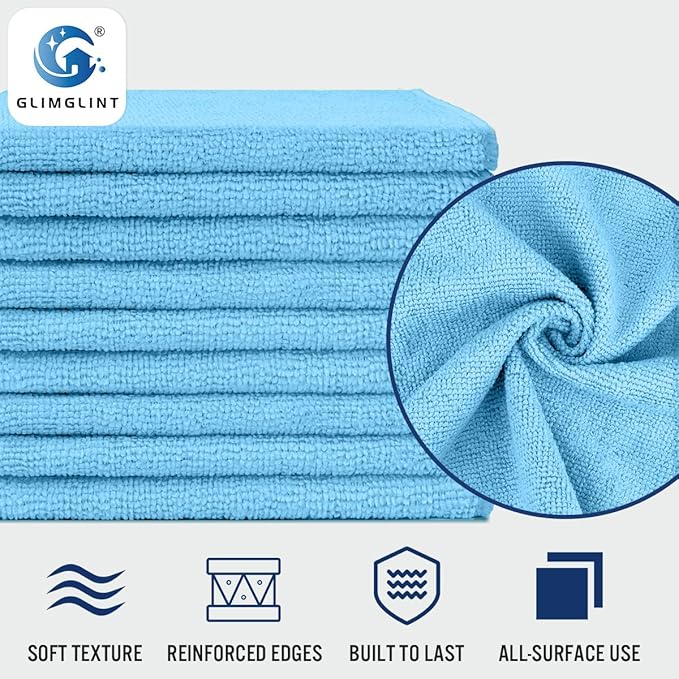 GLIMGLINT Blue Microfiber Cleaning Cloth150PK Reusable Cleaning RagsHighly Absorbent Shop Rags BulkAll-Purpose Car Cleaning Towels for TV Screen Kitchen Bathroom Restaurant Garage 14X12