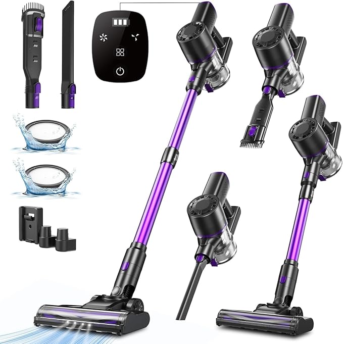 Vexilar Cordless Vacuum Cleaner Self-Standing Rechargeable Stick Vacuum Cleaners for Home 35mins Runtime LED Screen 6-in-1 Lightweight Handheld Vacuum for Hard Floor Carpet (Purple)