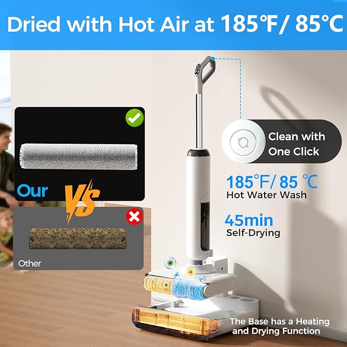 Cordless Wet Dry Vacuum Cleaner 23KPa Vacuum Mop for Hard Floors Up to 45 Min Runtime 180° Lay-Flat Design with Hot Water Self-Cleaning &amp 185°F Hot Air Drying Anti-Tangle Brush for Pet Hair