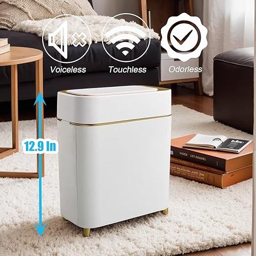 Yatmung 2-Pack - Automatic Compact Trash Can with Touchless Lid Smart Garbage Can - Waste Basket for Bathroom Bedroom Laundry Room Small Spaces - Motion Sensor Trash Bin - White with Gold Edge