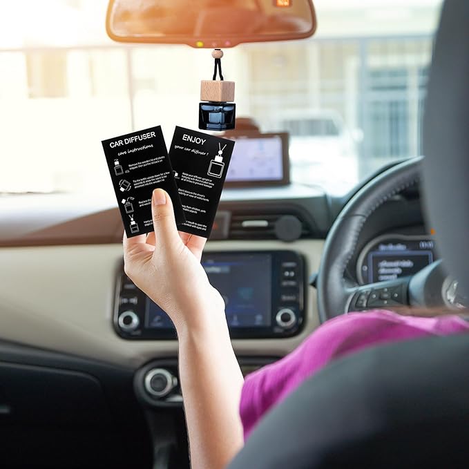 200 Sets Car Diffuser Bottles Empty Bulk Hanging Car Air Freshener Diffuser Bottles Bulk Glass Perfume Holder with Instruction Cards for Essential Oil Fragrance Pendant(SquareBlack)