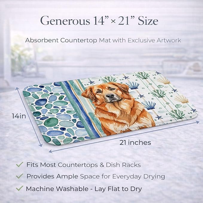 Caroline's Treasures Red Leonberger Coastal Sea Glass Dish Drying Mat Absorbent Dish Drying Mat Pad for Kitchen Counter Dish Drainer Mat for Countertop 14 x 21 Multicolor