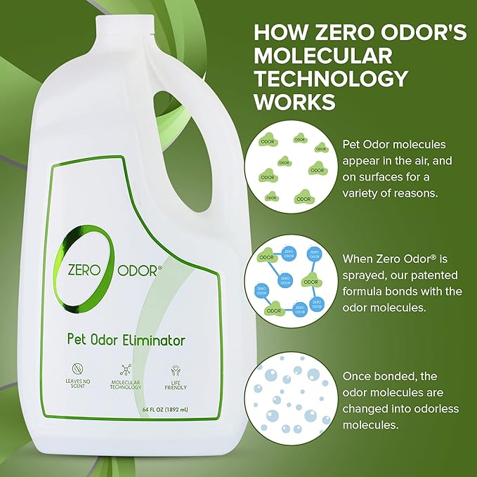 Zero Odor - Pet Odor Eliminator for strong odor Eliminate Air &amp Surface Odors – Patented Molecular Technology Best For Carpet Furniture Beds Smell Great Again 64oz Refill