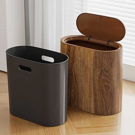 Waste Basket for Bathroom with Lids Plastic Marble Wood Pattern Trash Can Small Garbage Bin with Lid for Bathroom Narrow Waste Basket Modern Waste Basket for Home (Brown-11.6 * 11.2'')