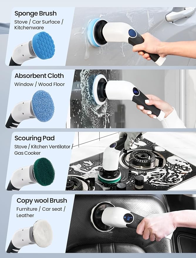 Electric Spin Scrubber 2025 New Cordless Shower Cleaning Brush with 8 Replaceable Brush Heads 3 Adjustable Speeds and Adjustable Extension Handle for Bathroom Floor Tile