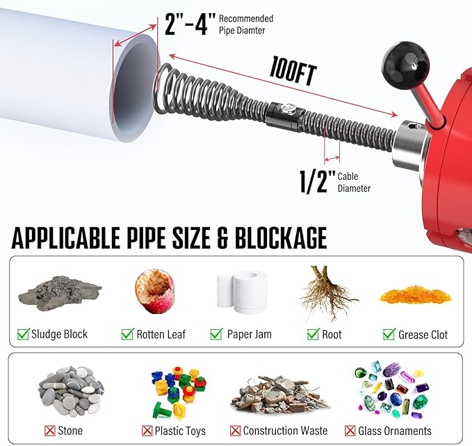 100 ft x 1/2 inch POPULO Auto Feed Electric Drain Snake Auger for 2 to 4 Inch Pipes Sewer Plumbing Snake Auger Heavy Duty Drain Cleaner Machine with 8 Cutters &amp 1 Root Killer &amp Gloves