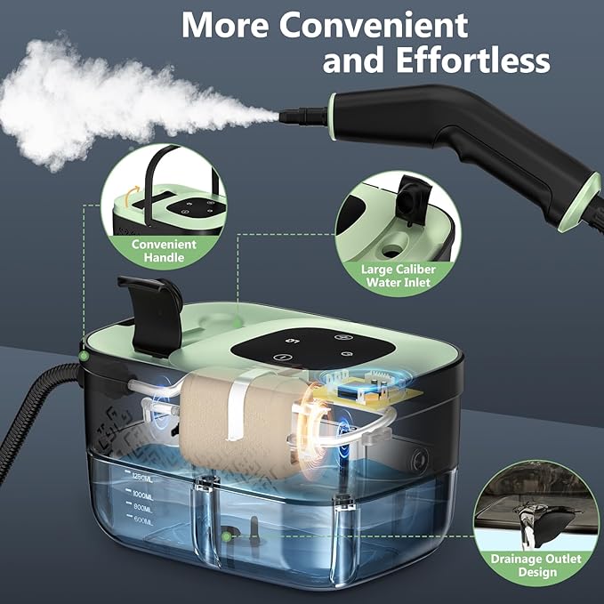 Steam Cleaner Portable Steamer for Cleaning with 16pcs Accessories 6-Level Adjustable 15s Heat-Up Handheld Steam Cleaner for Home for Tile Grease Dirt Grout Car Detailing Green