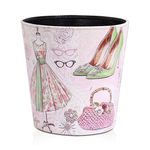 PU Leather Small Trash Can Wastebasket Round Garbage Container Basket for Bathrooms Laundry Room Kitchens Offices Kids Rooms BedroomsDormsHome Decorative Art Bin 2.9 Gallon(Fashion Style)