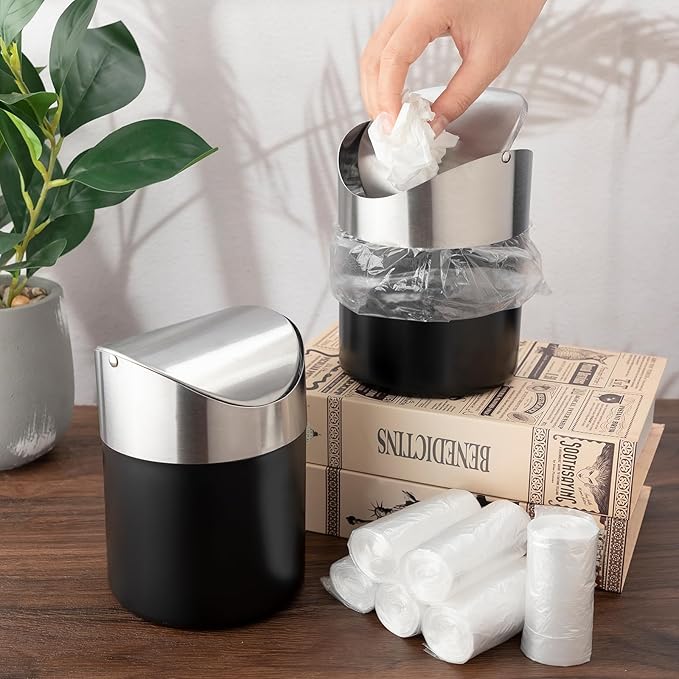 2 Pcs Desk Trash Can with Swing Lids 12 Rolls of Trash Bags 2L Brushed Stainless Steel Countertop Garbage Bin Small Wastebasket with Lid for Office Desk Coffee Table(Matte Black)