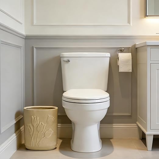 Beige Ceramic Tulips Small Bathroom Trash Can 2.6 Gal (10 Liter) - Heavy &amp Decorative Garbage Bin for Bathroom Kitchen Office Bedroom &amp Living Room Corner