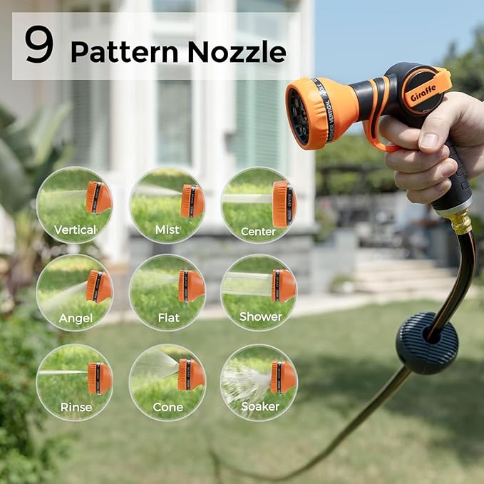Giraffe Tools Retractable Garden Hose Reel 5/8 in x 90 ft Heavy Duty Hose Reel With 9 Pattern Nozzle Any Length Lock Wall Mount Water Hose Reel 180°Swivel Light Grey