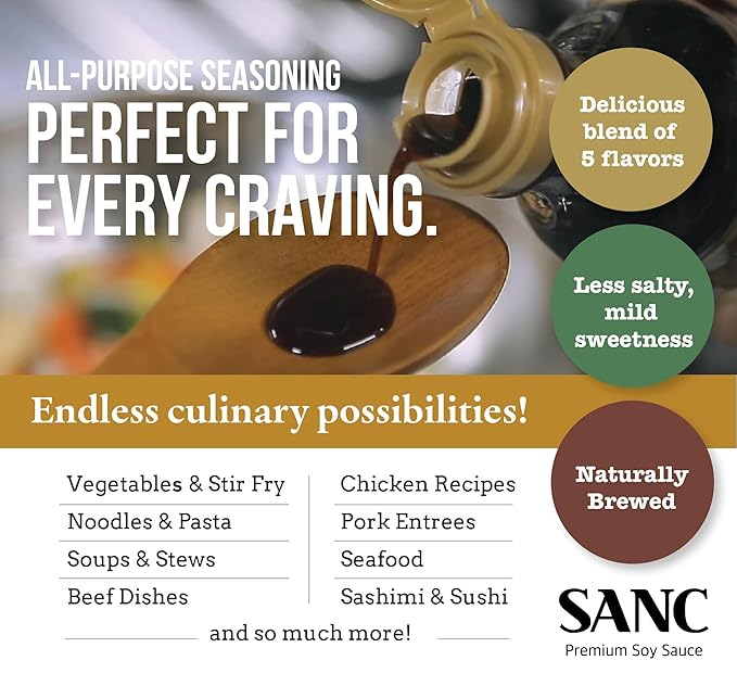 SANC All Purpose Korean Soy Sauce 12.2 Fl Oz (Pack of 3) – Less-Sodium Salt Substitute NON-GMO Bean No Artificial Additives Naturally Brewed Soy Sauce with Music Fermentation