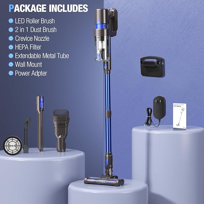Cordless Vacuum Cleaner 550W 45KPA 50Min Vacuum Cleaners for Home Self-Standing Stick Vacuum with Touch Screen 3 Power Modes Rechargeable Battery Handheld Vacuum for Pet Hair Carpet Floor