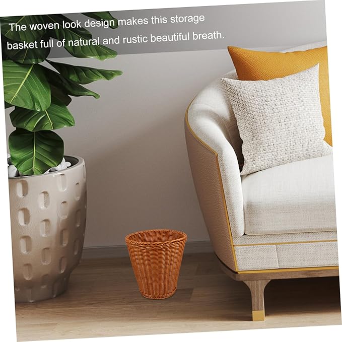 Imitation Rattan Woven Trash Can with Lid Lightweight Rustic Storage Basket for Living Room Bedroom Office and Portable Wastebasket for Sundries Organization