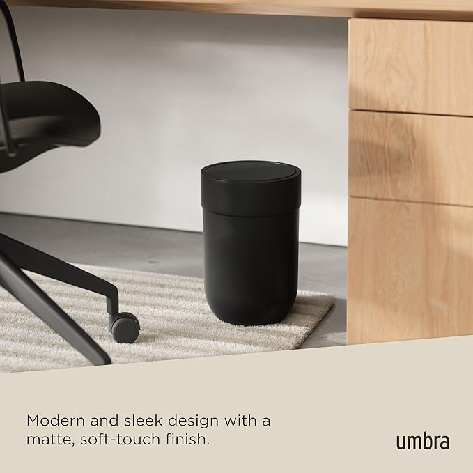 Umbra Touch Trash Can Small 1.6-Gallon Garbage Bin with Swing Lid Waste Basket for Bathroom or Office Black