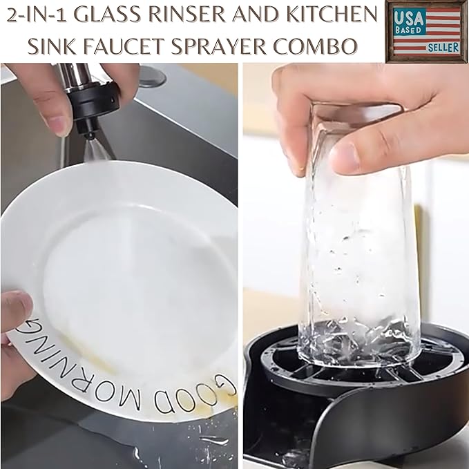 2-in-1 Glass Rinser &amp Sink Sprayer Attachment – High Pressure Cup Washer for Kitchen Sink – Matte Black Bottle Cleaner -Stainless Steel Cup Cleaner (Fits Standard Counter Holes)