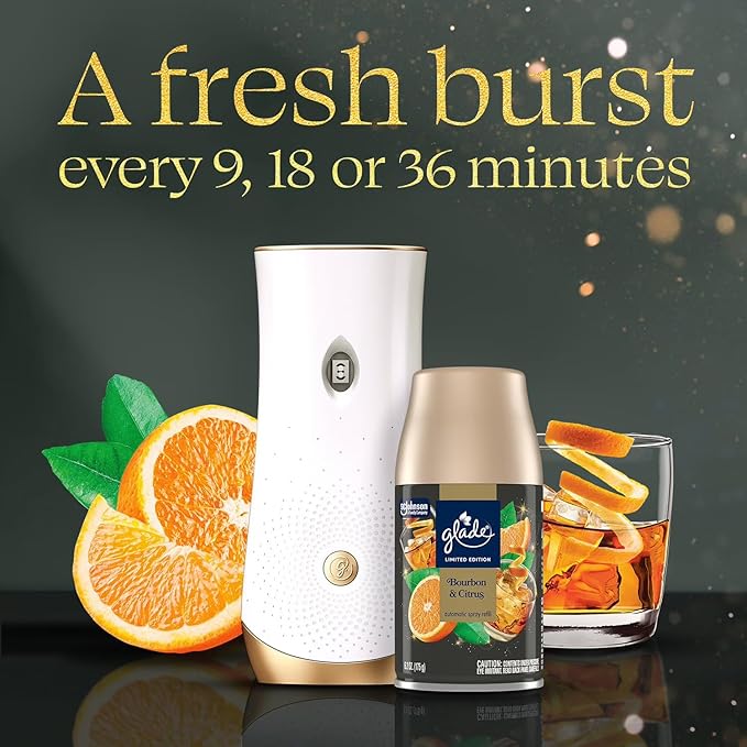 Glade Automatic Spray Starter Kit Bourbon &amp Citrus Scent 1 Holder + 3 Refills (6.2 oz Each) Adjustable Freshness