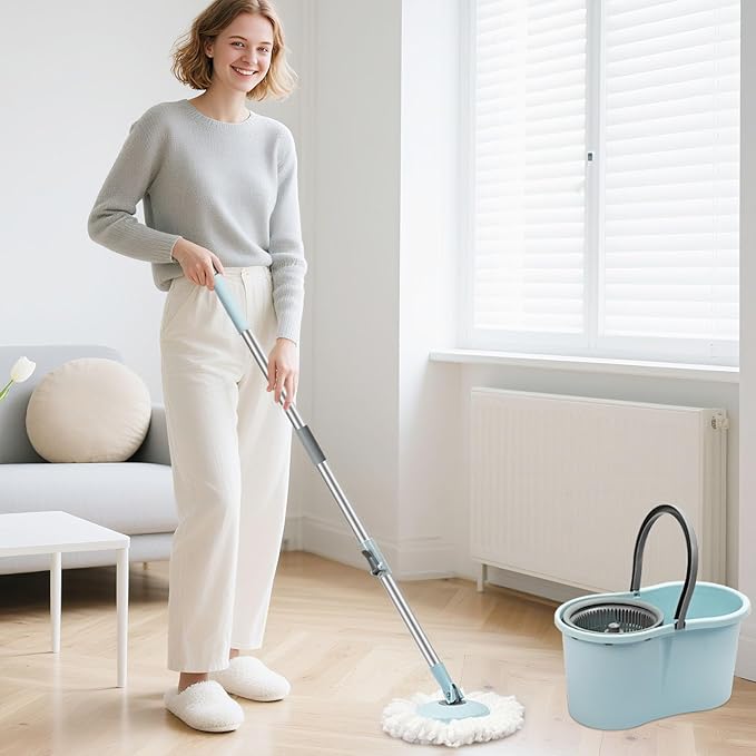 Spin Mop and Bucket with Wringer Set 360° Spinning Mop Bucket System with 3 Microfiber Mop Replacement Heads and 50 Stainless Steel Adjustable Handle for Floor Cleaning