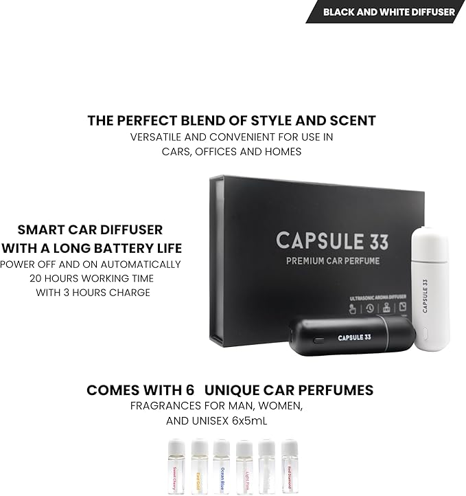 Car Perfume Diffuser (UPGADED) Air freshener Waterless Diffuser Smart Ultrasonic Air Freshener with 6 Premium Fragrances Automatic (On/Off) Car Gift for Men and Women (Black)