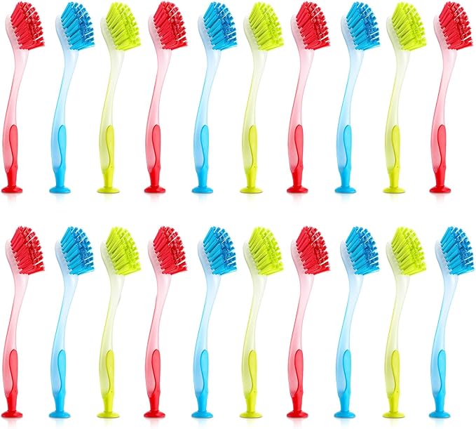 Boao 20 Pieces Long Dish Brush with Handle Assorted Color Dishwashing Brush with Suction Cup Multipurpose Cleaning Tool for Kitchen Toilet Etc