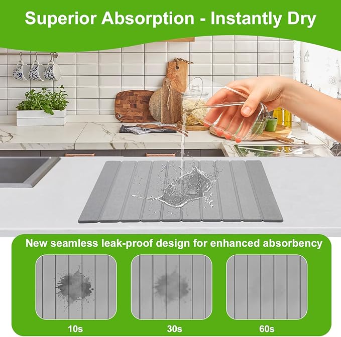 Stone Dish Drying Mat for Kitchen Counter - Large Foldable Collapsible Quick Drying Dish Mats Ultra Absorbent Diatomaceous Earth Mats for Kitchen Dishes Bottles Cups Bathroom -Light Gray
