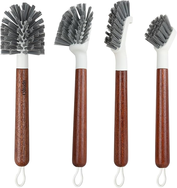 4-Pack Heavy Duty Scrub Brushes with 11 Sapele Wood Handle – PBT Bristles &amp TPR Loop – Kitchen Bathroom Grout Dish &amp Tile Cleaner – Durable Non-Slip Multi-Surface Cleaning Brush Set