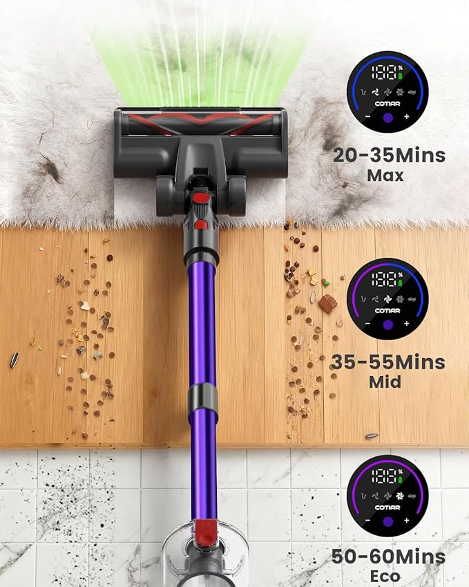 Cordless Vacuum Cleaner 650W 48KPA 60Min Wireless Vacuum for Home Stick Vacuum with Green Light Anti-Tangle Rechargeable Vacuum Cleaners for Pet Hair Carpet Hard Floors （Purple）