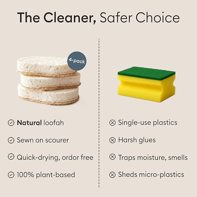 Vove Scrub Sponges 4 Pack Cellulose &amp Cotton with Natural Loofah Eco-Friendly Loofah Dish &amp Kitchen Sponges Bathroom Scrubbing Pads FSC-Certified Packaging