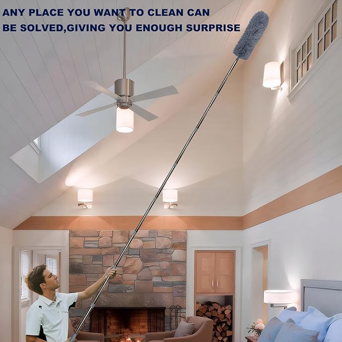 20+ Ft High Reach Ceiling Fan Duster &amp Cobweb &amp Corner Brush Duster with 3-14 ft Spliceable Pole Microfiber Feather Duster for Spider Web High Ceiling Blinds Furniture Cleaning Tool Kit