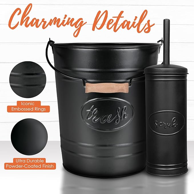 Autumn Alley Farmhouse Bathroom Trash Can and Toilet Brush Set - Rustic Bathroom Accessories for Charming Bathroom Décor Matte Black Heavy Gauge Metal