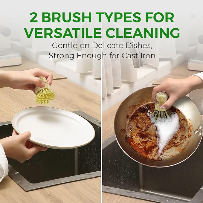 Bamboo Dish Brush Set of 3 - Natural Wooden Dish Scrubber w/Medium Stiff Sisal &amp Coconut Bristles - Kitchen Scrub Brush for Dishes Pots &amp Pans - Plastic Free Non Scratch Bristles