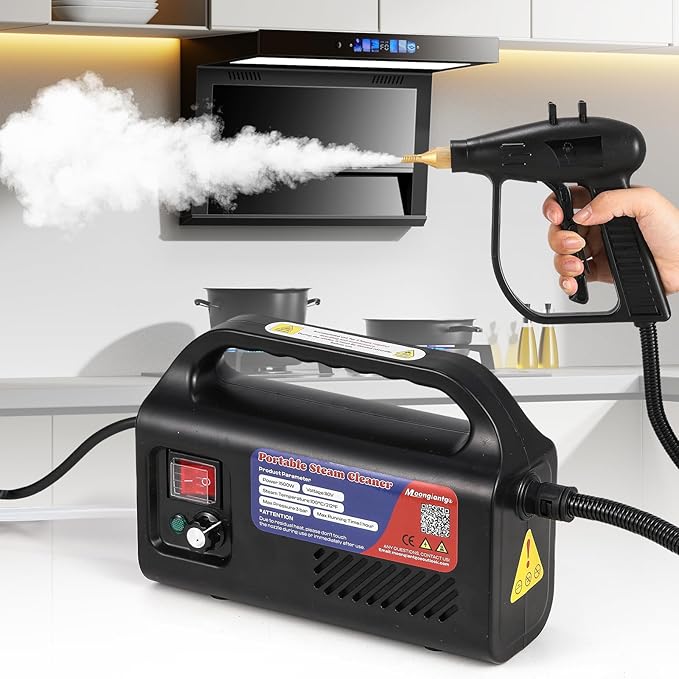 Moongiantgo High Pressure Steam Cleaner 1500W Handheld Steamer for Cleaning Portable Tankless Pressurized Cleaning Machine for Car Detailing Grout Tile Commercial Home Kitchen Bathroom (Black)