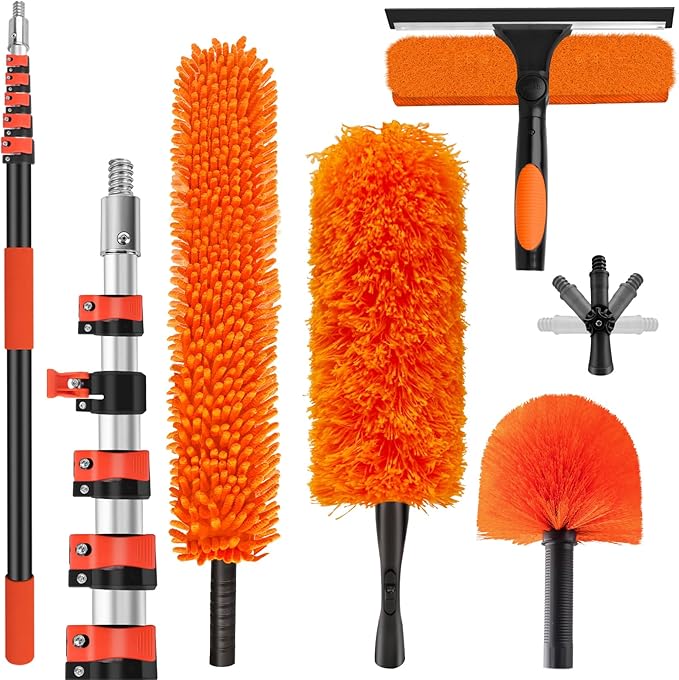 30FT High Reach Duster Cleaning Kit with 5-24 FT Extension PoleHigh Ceiling Dusting and Window Cleaning Kit with Microfiber Feather DusterCobweb DusterCeiling Fan DusterWindow Squeegee Cleaner