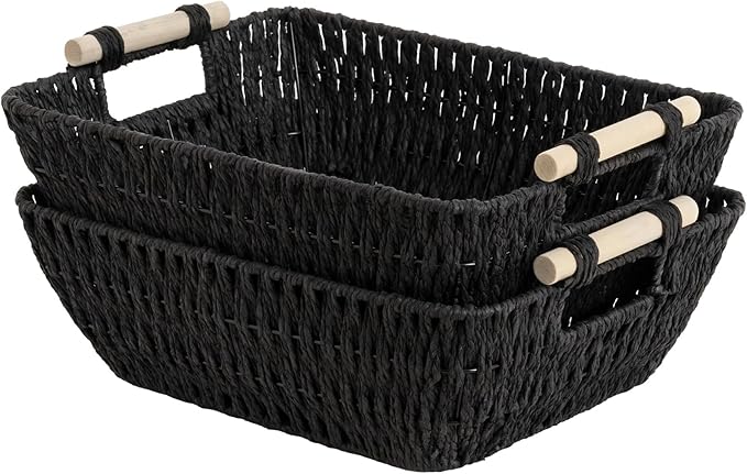 StorageWorks Large Wicker Storage Basket for Organizing with Wooden Handles Toilet Paper Baskets for Shelf Black 2-Pack