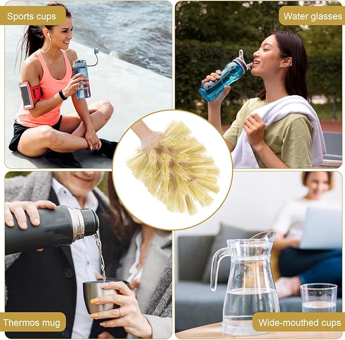6 Pcs Natural Wood Dish Scrub Brush with Long Beechwood Handle Bristles for Cleaning Bottles Mugs Jars Glasses Dishes Vases Pitchers 13.6 x 2.6 Inches