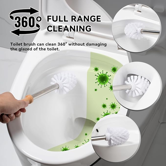Modern Toilet Brush Set and Holder - Toilet Bowl Brush Ceramic Bathroom Accessories Set Decor Cleaner Brush Kit with Detachable Brush Head &amp Natural Wood Handle (Ivory White)