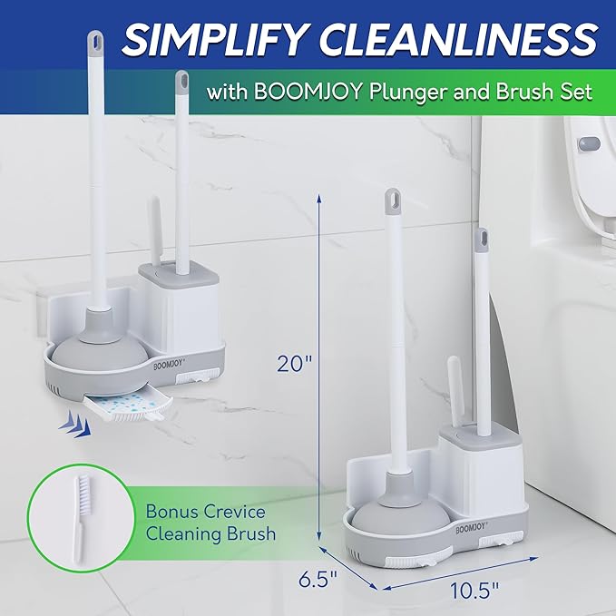 BOOMJOY Toilet Brush and Plunger Set with Crevice Cleaning Brush White Plunger and Brush Combo with Hidden Holder Bathroom Plunger and Toilet Bowl Brush Set Heavy Duty